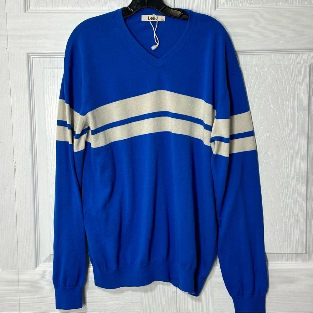 Lello Sweater Men’s Blue Off White Striped Organic Cotton Sweater V-Neck XXL